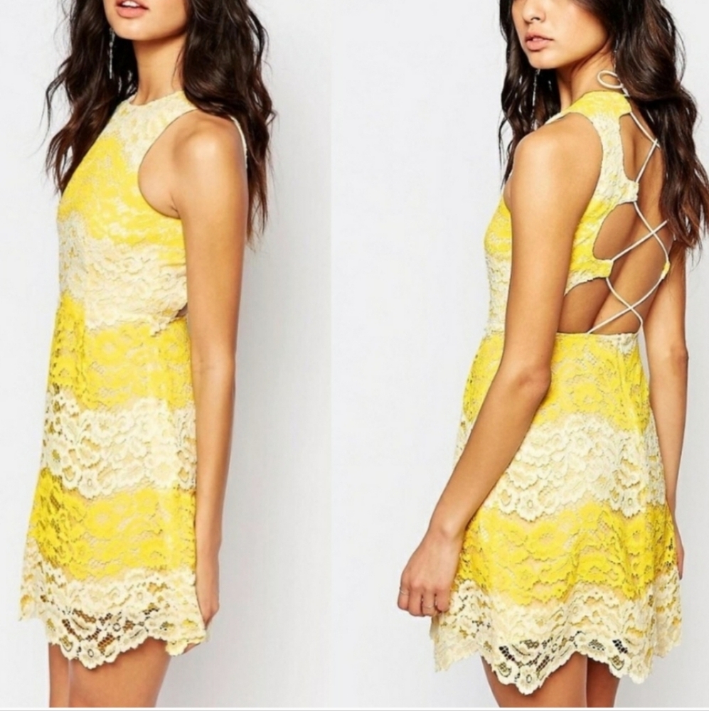 NWT FOXIEDOX "MONA" YELLOW & WHITE‎ LACE DRESS Size Large
